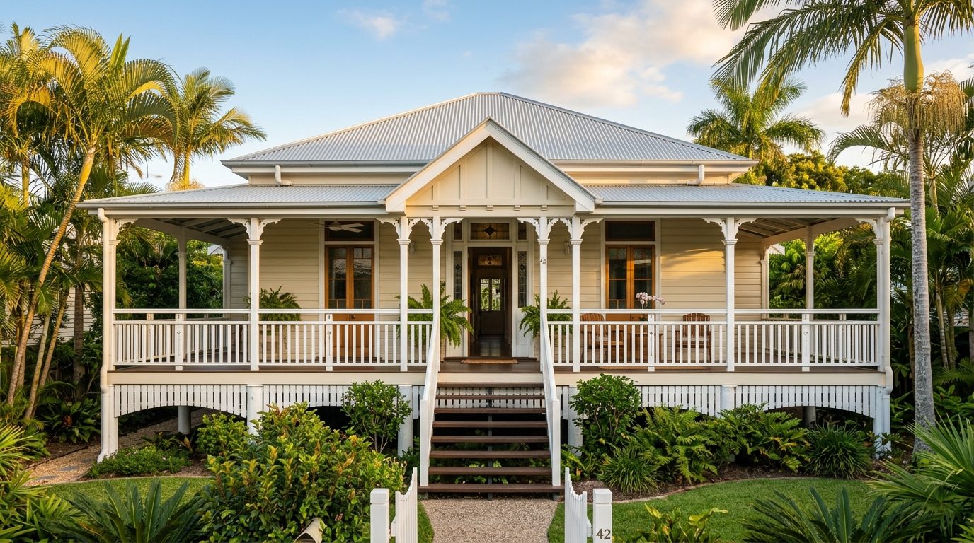 Queenslander home recoloured with Walls in Coastal Blue · Trim in Classic White · Door in Charcoal — before
